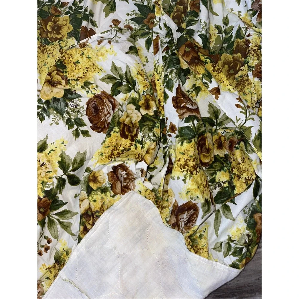 VTG Retro 70's Bedspread Full Double yellow brown flowers Quilted shams Ruffled